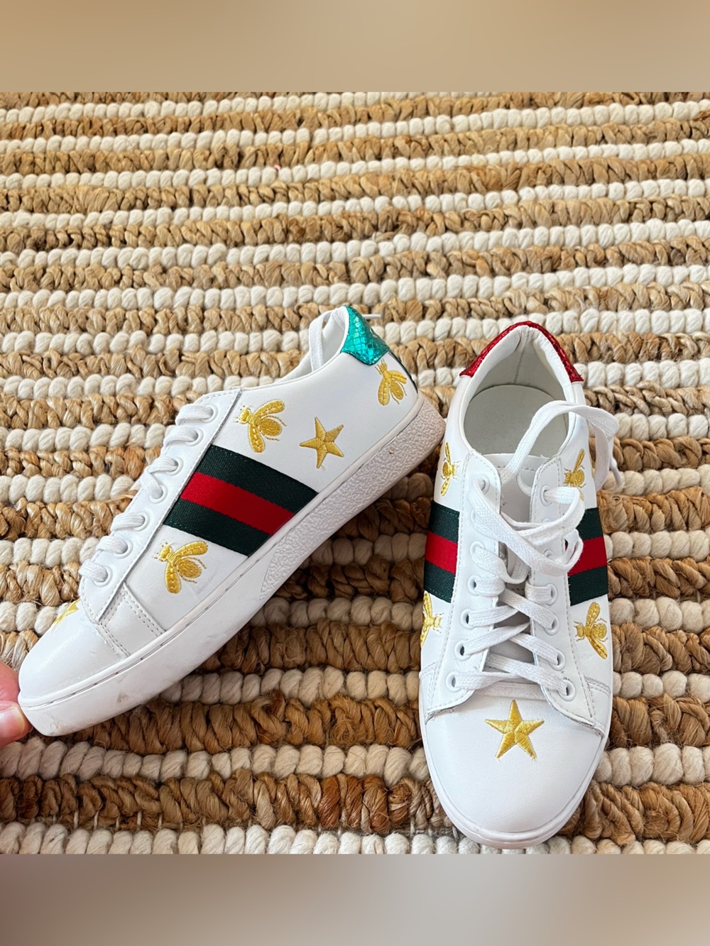 Gucci 100% leather  White Embroidered Star & Bee Sneakers with Green-Red Stripe